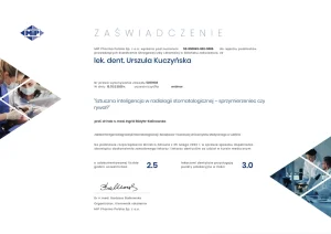 Zaświadczenie w "sztuczna inteligencja w radiologii stomatologicznej - sprzymierzeniec czy rywal" - Urszula Kuczyńska