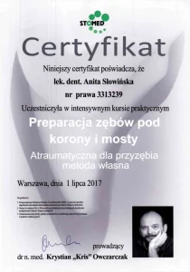 certyfikat preparacja zębów